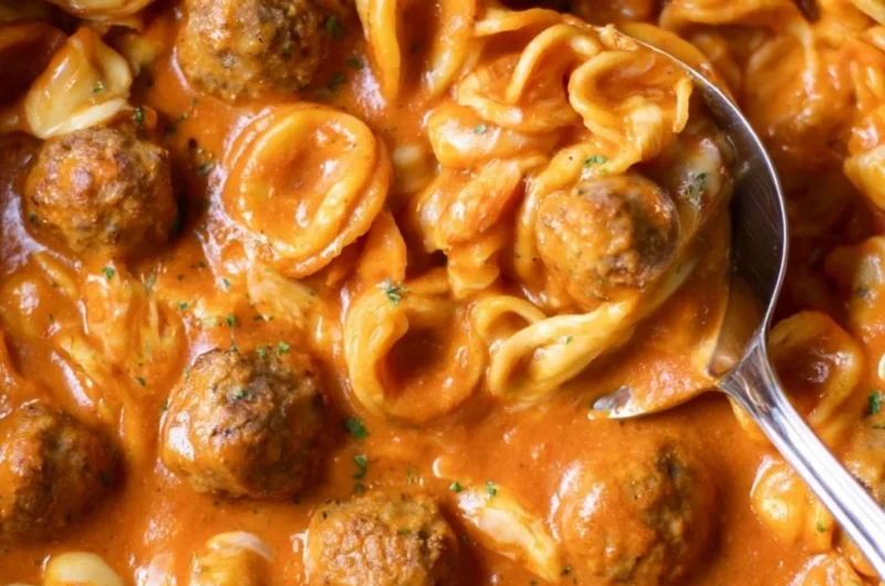 One Pot Meatball Pasta dish with savory meatballs and pasta