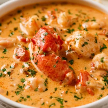 Creamy Seafood Bisque served in a bowl garnished with herbs