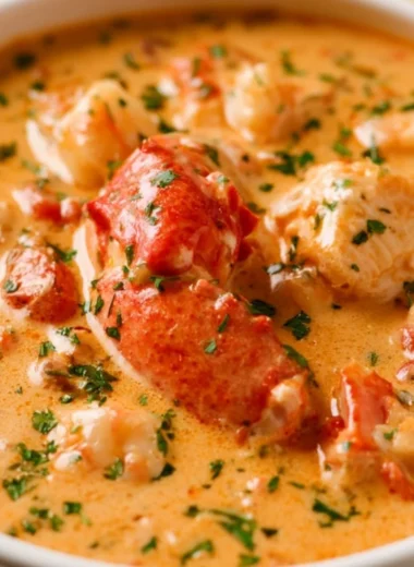 Creamy Seafood Bisque served in a bowl garnished with herbs