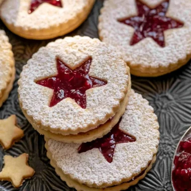 Shortbread Linzer Cookies with raspberry jam filling on a plate