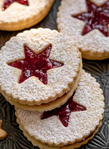 Shortbread Linzer Cookies with raspberry jam filling on a plate